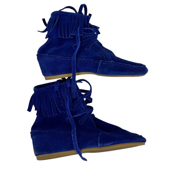Maje Shoes - Maje Noreen Wedge Fringe Suede Moccasins in Cobalt Blue